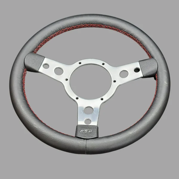 STEERING WHEEL - 13" - 3 SPOKE CLASSIC - LEATHER - RED STITCHING